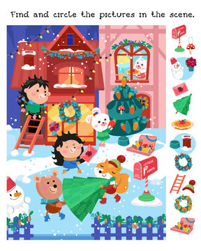 Find and circle objects. Educational game for children. Cute forest animals prepare for Christmas. Winter scene in cartoon style. Vector illustration.
