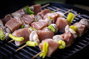 Raw pork meat on skewers with mushrooms and peppers just placed on the barbecue.