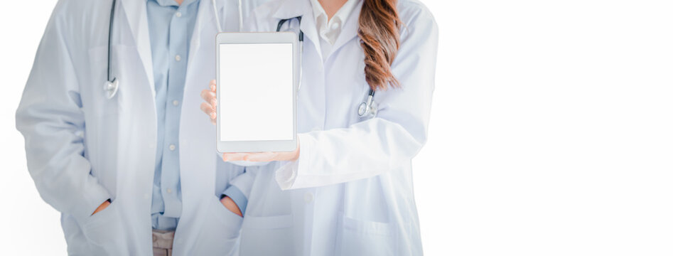 Doctors or medical professional holding blank screen digital tablet pc isolate on white background, cropped image