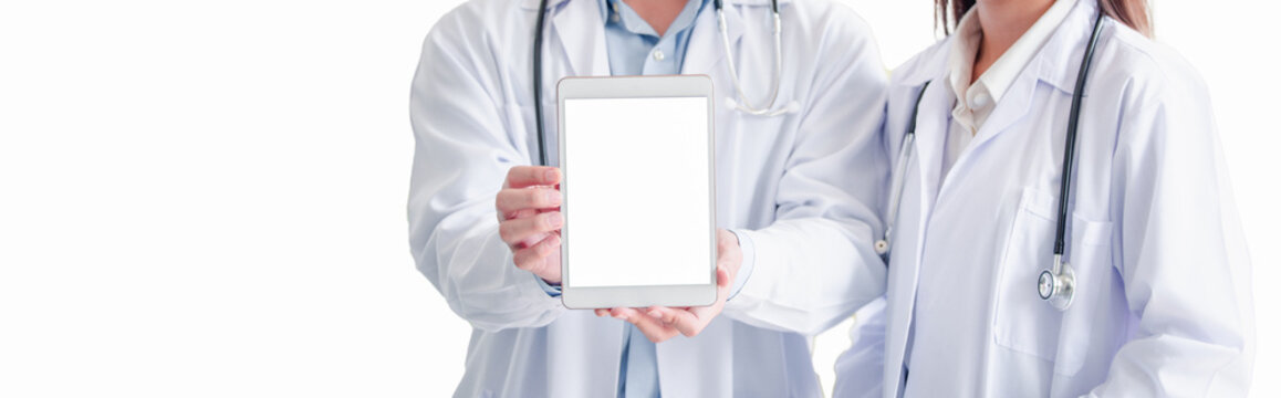 Doctors or medical professional holding blank screen digital tablet pc isolate on white background, cropped image