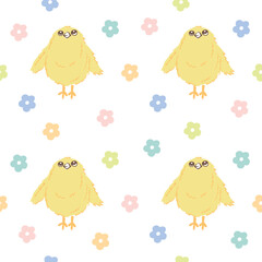 Little yellow chicks and calico print of colorful flowers. Cute delicate print for fabric and paper printing.