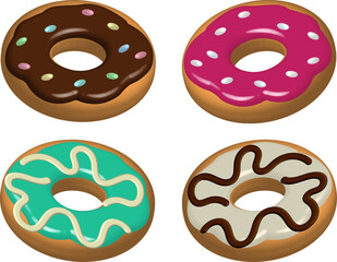 Volumetric illustration of food. Four donuts with different types of icing and decor. 3d illustration