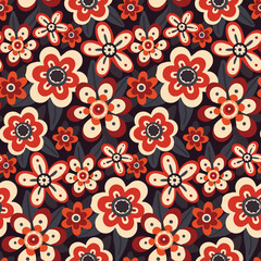 Seamless pattern with decorative plants in retro style. Floral print, botanical background with hand drawn flowers head, leaves in red and blue colors. Vector illustration.