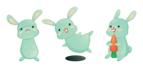 Cute blue bunnies in the set. Isolated image of baby rabbits: sitting, jumping rabbit, rabbit with a carrot on a white background. Vector illustration.