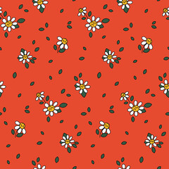 Seamless floral pattern with small spars daisies on a red background. Cute ditsy print with mini flowers, leaves. Trendy botanical surface design. Vector illustration.