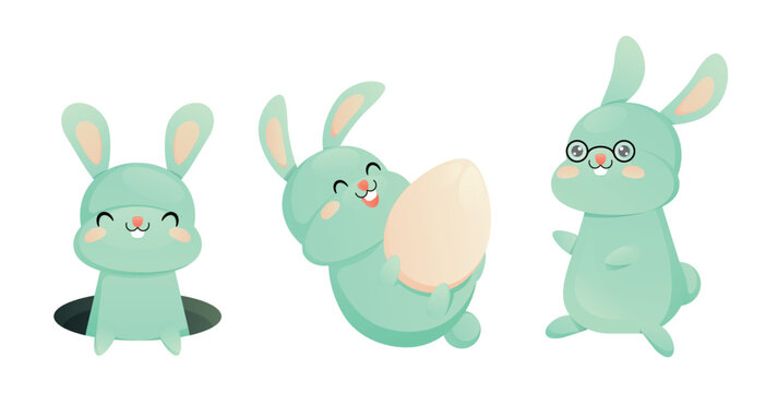 Cute blue bunnies in the set. Isolated image of baby rabbits: protruding from a mink, sitting rabbit with glasses, rabbit with an egg on a white background. Vector illustration.