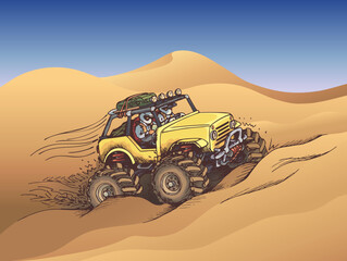 Yellow SUV in the desert, sand racing, colorful vector bright motorsport illustration, hand drawn cartoon image, off road adventure, extreme sport, driver and co-driver racing crew. © Magic-Print