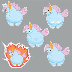 Sticker pack funny unicorn, angry unicorn, sad unicorn, unicorn in love, stickers for printing, stickers for social networks