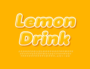 Vector fresh banner Lemon Drinks. Yellow glossy Font. Bright Alphabet Letters, Numbers and Symbols set
