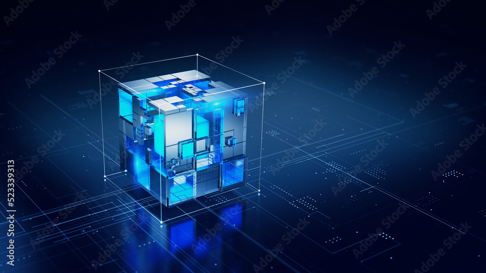Wall mural block chain concept - abstract technology background. 3d rendering