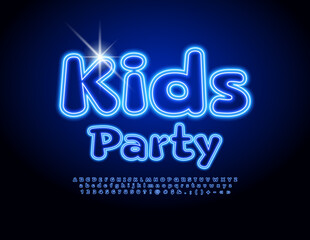 Vector neon flyer Kids Party. Blue glowing Font. Playful set of Alphabet Letters, Numbers and Symbols