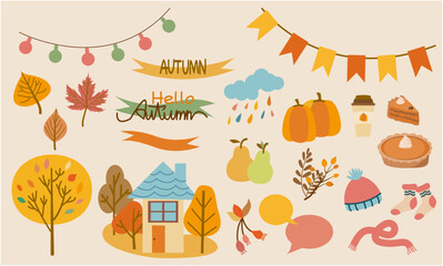 Fototapeta premium Set of autumn icons. pumpkins, fruits, house, fallen leaves and pumpkin pie and cake. Thanksgiving and Autumnal event icon collection for autumnal design. Vector illustration.
