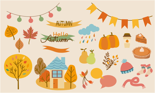 Set of autumn icons. pumpkins, fruits, house, fallen leaves and pumpkin pie and cake. Thanksgiving and Autumnal event icon collection for autumnal design. Vector illustration.