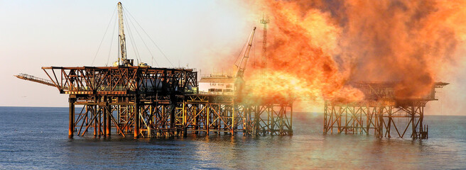 Fire on an old offshore gas production platform at sea
