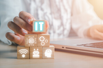 Consulting business concept, Cubes wooden block with VR screen IT Consulting icon, robotic process automation, marketing dashboard.