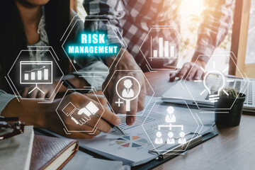 Risk management strategy plan finance investment internet business technology concept, Business team analyzing income charts and graphs with icons risk management on VR screen. - obrazy, fototapety, plakaty