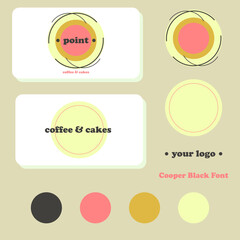Logo vector design. Cafe, bakery, restaurant logo, visit card design. Logo, identity, branding, color palette, text style. Pink, yellow, white.