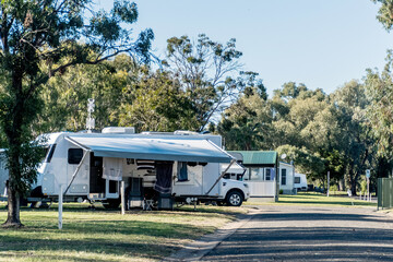RV caravans camping at the caravan park. Camping vacation family travel