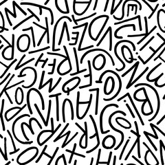 Seamless pattern with simple letters. Hand drawn typography print. Alphabet letters in doodle style vector ornament. Modern pen line lettering. Seamless abstract alphabets pattern on black and white