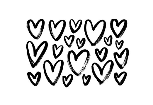 Collection of black scribble hearts. Hand drawn grunge love symbols set. Simple black icons isolated on white background. Stylish brush-painted hearts. Trendy simple symbols for Valentine's day