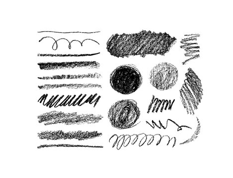Thin straight and curly charcoal lines. Hand drawn vector charcoal pencil texture. Dry black smears isolated on white background. Set of abstract simple shapes and lines. Soft pencil texture