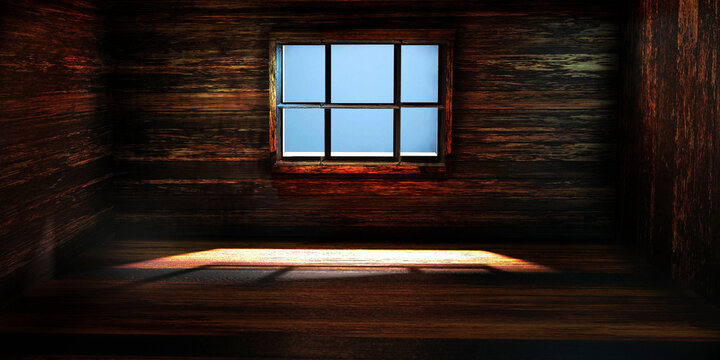 Empty old abandoned room with window, hardwood wall and floor. Hounted dark house interior. 3D render illustration.