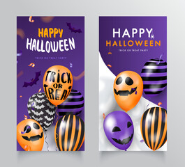 Collection violet Template banner with 3d balloons with faces. Happy Halloween