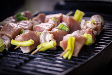 Raw pork meat skewers just placed on the BBQ grill