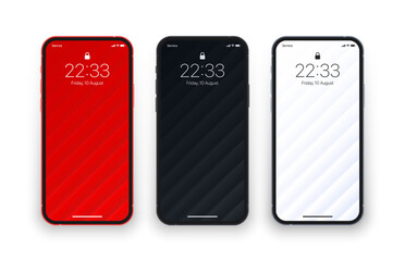Different Variations Minimalist Red Black White 3D Smooth Blur Tilted Lines Wallpaper Set On Isolated Photo Realistic Mobile Phone Screen. Various Abstract Geometrical Screensavers For Smartphone