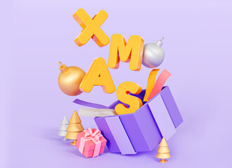 3D Merry Christmas banner with gift box and celebration decoration. Xmas text on greeting card. Happy New Year 2023. Festive party surprise. Cartoon creative design on purple background. 3D Rendering