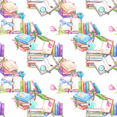 Seamless delicate pattern with books and flowers, painted in watercolor.