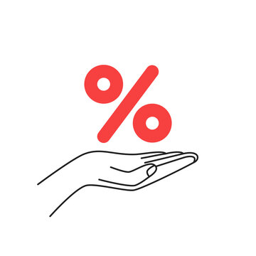 red percent icon on thin line human hand