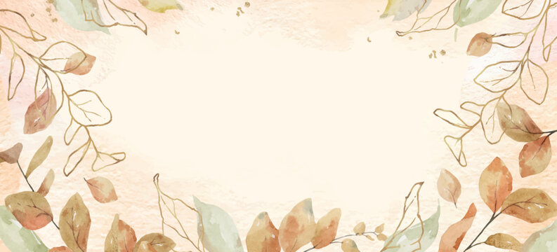 Watercolor autumn background of leaves and golden branches.