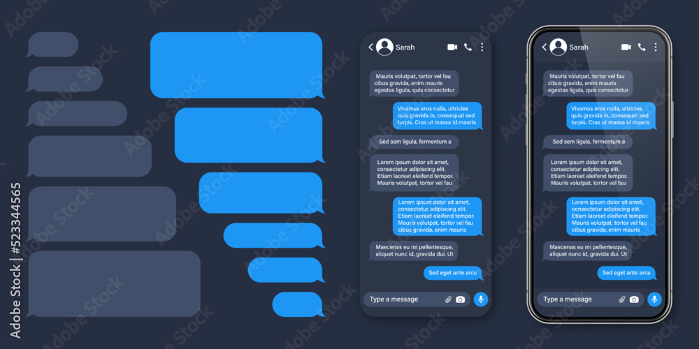 Wall mural realistic smartphone with messaging app. sms text frame. conversation chat screen with blue message 