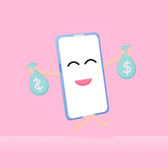 Mobile phone with bags of money.