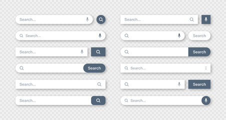 Fototapeta na wymiar Various search bar templates. Internet browser engine with search box, address bar and text field. UI design, website interface element with web icons and push button. Vector illustration