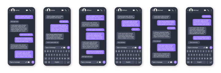 Messaging app design, user interface. SMS text frame. Conversation chat screen with violet message bubbles and placeholder text. Social media application. Vector illustration.