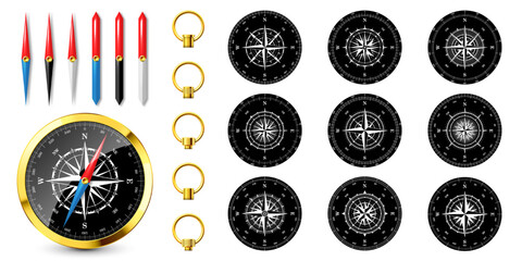 Realistic golden vintage compass with marine wind rose and cardinal directions of North, East, South, West. Shiny metal navigational compass. Cartography and navigation. Vector illustration