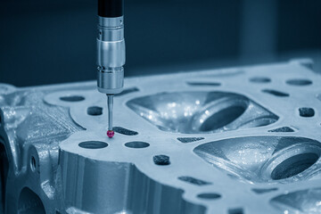 The multi-axis CMM machine measuring the cylinder head parts .