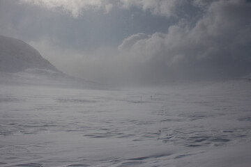 Snow storm at Kungsleden skiing trail between Abisko and Nikkaluokta, Lapland, Sweden