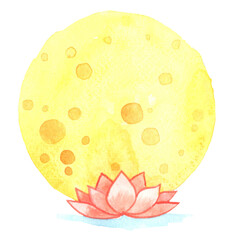 Pink lotus lantern floating on water with full moon watercolor illustration for mid year festival and loy kra thong festival. - obrazy, fototapety, plakaty