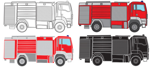 Set of aFire truck ambulance car.Side view.Vector illustration.