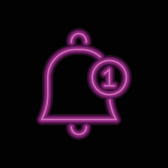 Alarm bell with notification simple icon vector. Flat design. Purple neon on black background.ai