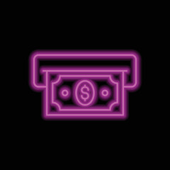 ATM, cash simple icon vector. Flat design. Purple neon on black background.ai
