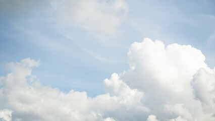 Blue sky white cloud background. sunlight day with sky wallpaper backdrop. mockup nature landscape free space backdrop. card or poster for environment protection.