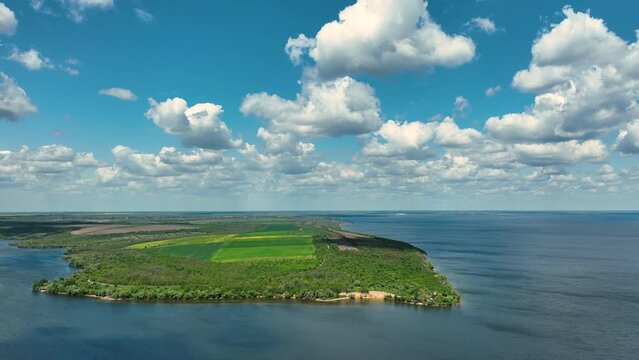 Kakhov reservoir with part of Novovorontsivka village in Kherson region
