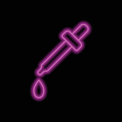 Dropper and water drop simple icon vector. Flat design. Purple neon on black background.ai