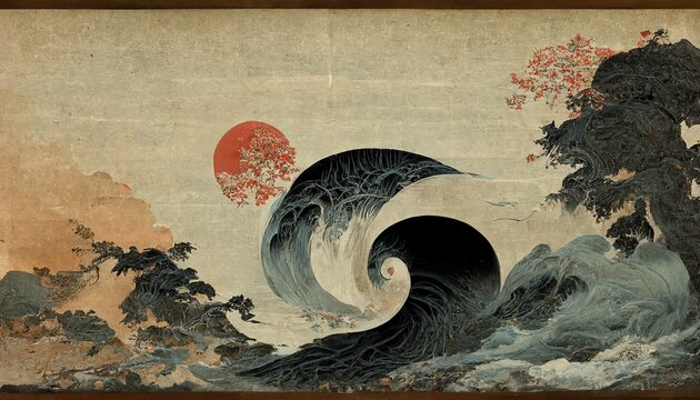Great wave, Japanese background with watercolor texture. An old Japanese work of art with a big wave and a mountain and the Fuji sun in the background. 3d render