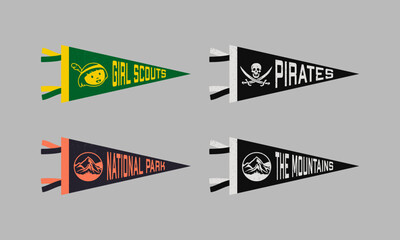 Set of pirates, girl scouts, camping pennants. Retro colors labels. Vintage hand drawn wanderlust style. Isolated on white background. Good for t shirt, mug, other identity. Vector illustration.