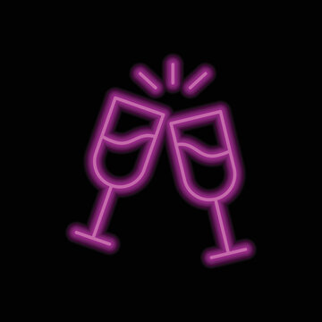 Toasting glasses simple icon vector. Flat design. Purple neon on black background.ai